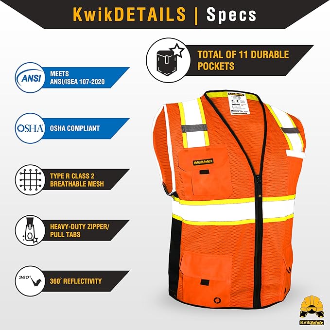 KwikSafety - Charlotte, NC - BIG KAHUNA Safety Vest [2 PACK] Class 2 ANSI OSHA Reflective Vest Durable High Visibility Vest Construction Safety Vest for Men Industrial Work Gear/Orange Large