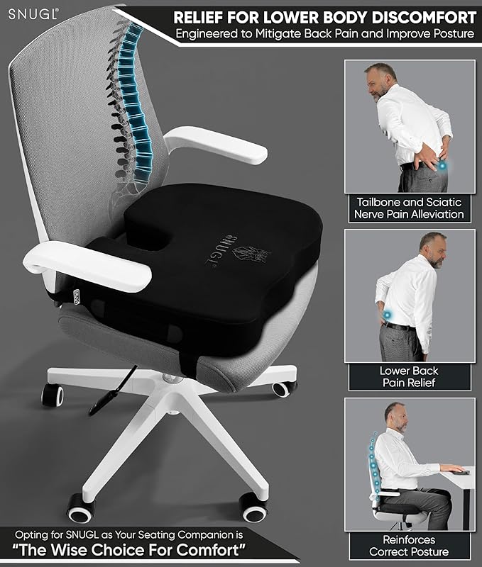 SNUGL Seat Cushion for Tailbone & Back Pain Relief – Orthopedic Memory Foam Coccyx Pillow for Office, Desk & Gaming Chairs – Sciatica & Lower Back Pain Relief, Long Sitting Comfort (Regular Black)
