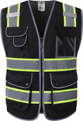 JKSafety 9 Pockets Hi-Vis Black Color Zipper Front MESH Safety Vest with Fluorescent Yellow Extend Edge outlining the Reflective Tapes Meet ANSI/ISEA Class 1 Standard (100-Black, 5XL)