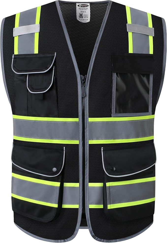 JKSafety 9 Pockets High Visibility Zipper Front MESH Black Safety Vest | Black with Dual Tone High Reflective Strips | ANSI/ISEA Standards (100-Black, XL)