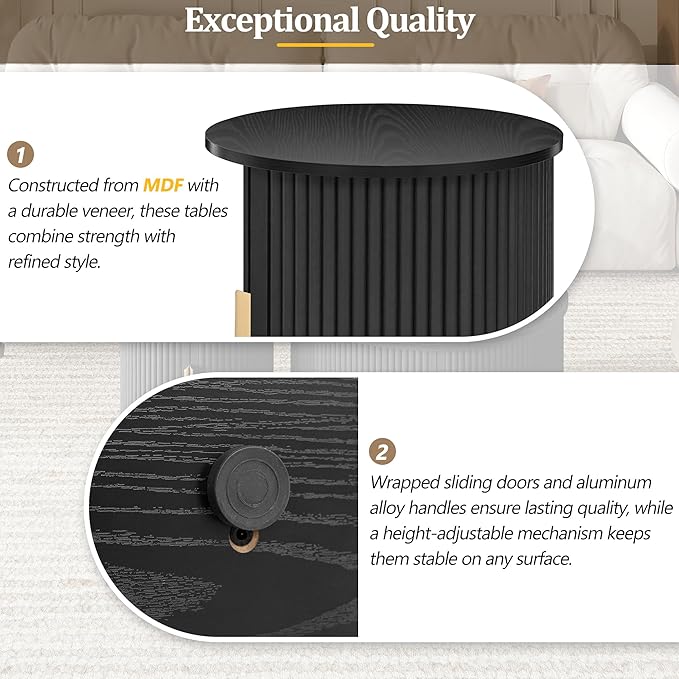 Merax Round Coffee Table Set, Mid Century Coffee Table with Sliding Tambour Door, Fluted Accent Center Table with Storage for Living Room, Office,Black