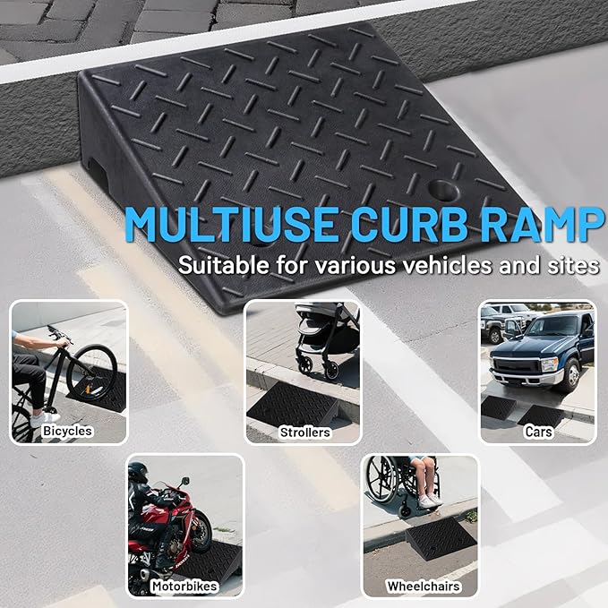 Rubber Curb Ramp, 7" Rise Height 2 Pack, Heavy-Duty 3 T Capacity Threshold Ramps, 19.7" L x 19.7" W Driveway Ramps for Cars, Wheelchairs, Bikes, Motorcycles
