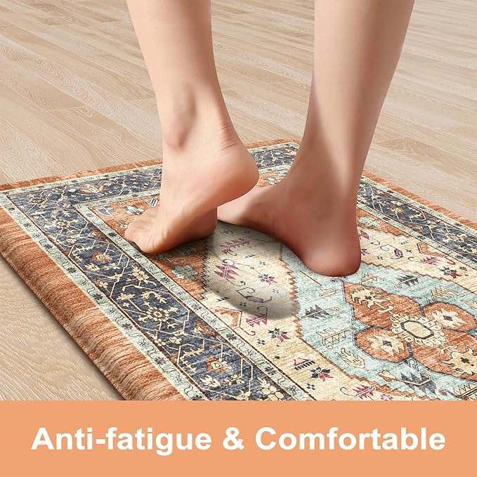 KIMODE Anti Fatigue Kitchen Mat for Floor, Boho Orange Kitchen Rugs Sets of 2, Cushioned Kitchen Floor Mats, Fall Kitchen Rugs Non Slip for Halloween Sink Laundry Desk Home 17"x47"+17"x29"