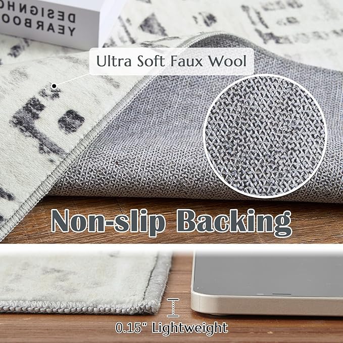 jinchan Boho 8x10 Neutral Area Rugs for Living Room - Machine Washable Moroccan Soft Throw Rug Bohemian Diamond Design Non-Slip Large Carpet for Bedroom Kitchen Dining Room Nursery (8‘x10', Charcoal)