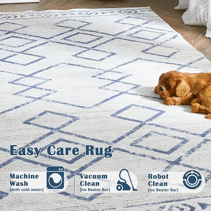 jinchan Hallway Runner Rug 2x10 - Moroccan Kitchen Machine Washable Runner Rug Modern Geometric Soft Faux Wool Ultra-Thin Low-Pile Non-Slip Carpet for Laundry Room Bedroom Farmhouse (2x10ft,Blue)
