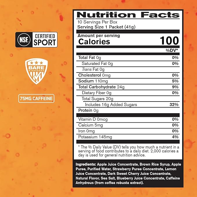 BARE PERFORMANCE NUTRITION, BPN Go Gel Endurance, 24g of Carbohydrates & 100 Calories per Pack, Vegan + Gluten Free Running Gel, 10 Single-Serving Packs, Caffeinated Mixed Berry