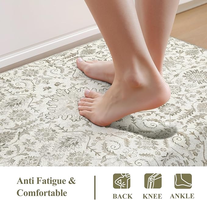 Collive Kitchen Floor Mat Cushioned Anti Fatigue, Vintage Boho Floral Rug Non Skid Waterproof Kitchen Sink Rugs, Memory Foam Comfort Standing Desk Mats for Floor, Office, 17.3''x28''