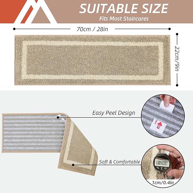 COSY HOMEER Soft Stair Treads Non-Slip Carpet Mat 28inX9in Indoor Stair Runners for Wooden Steps,Stair Rugs for Kids and Dogs, 100% Polyester TPE Backing 10pcs,Beige,Square