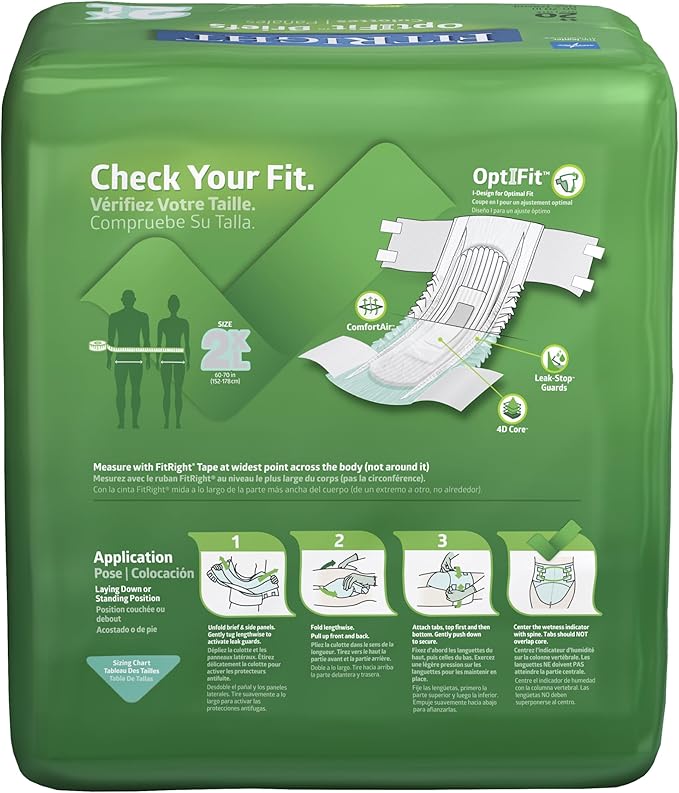 FitRight Adult Diapers, Extra+ Heavy Absorbency, 2XL (Waist Size 60in-70in), 80 Count, OptiFit Incontinence Briefs for Men and Women, Disposable, Moisture-Wicking, Leak Protection,