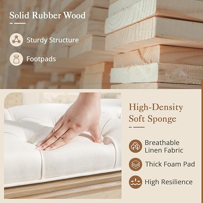 LUE BONA 60" Fabric End of Bed Bench, Upholstered Tufted French Bedroom Bench with Carved Legs for Bedroom End of King Size Bed, Living Room, Beige
