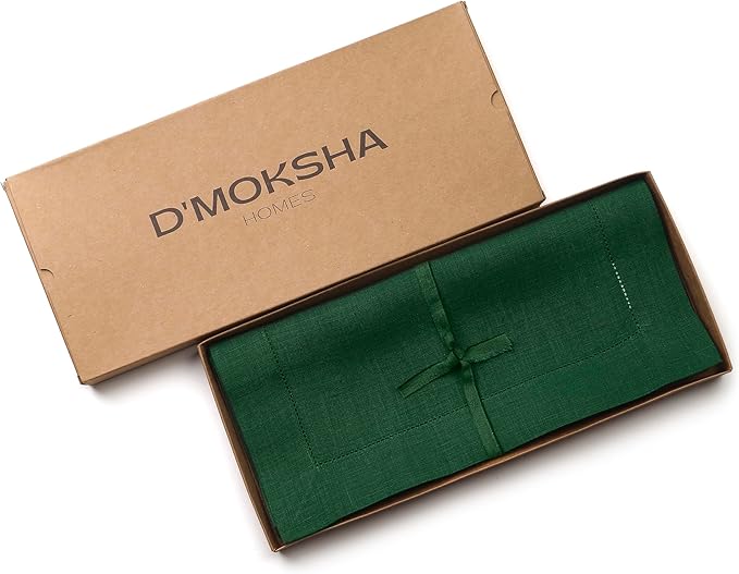 D'Moksha Homes Linen Forest Green Table Runner 90 Inches Long - Classic Hemstitch 100% Pure Linen Dining Table Runner 14 x 90 Inch for St Patricks Day, Easter