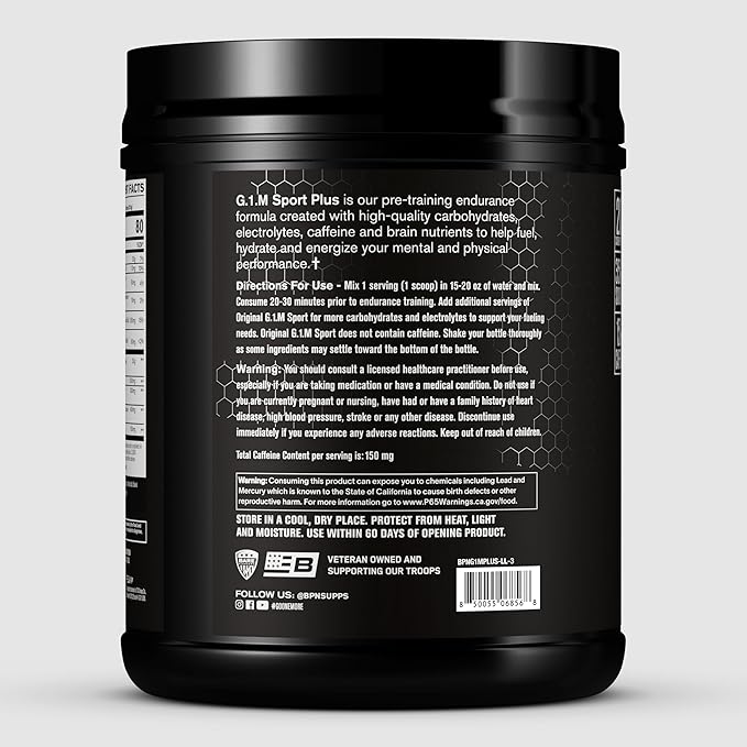 BARE PERFORMANCE NUTRITION G.1.M Sport+ Endurance Pre-Workout – Lemon Lime | 25 Servings | 20g Carbs, 350mg Sodium, 150mg Caffeine | Electrolytes, Nootropics & Cluster Dextrin® for Energy & Focus