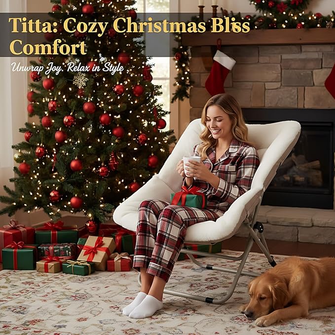 Tiita Comfy Folded Chair, Soft Faux Fur Oversized Folding Accent Chair, Lounge Lazy Chair for Kids Teens Adults, Metal Frame Moon Chair for Bedroom, Living Room, Dorm Rooms