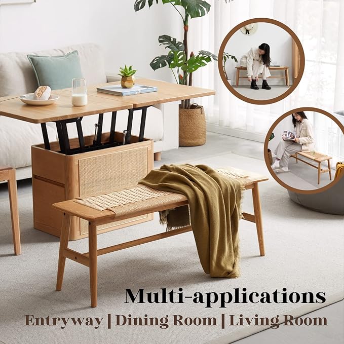 32" L 100% FAS Oak Wooden Bench Indoor - Solid Wood Rope Woven Entryway Bench, Dining Bench, Boho Furniture for Entryway, Dining Room, Bedroom, Kitchen (Natural)