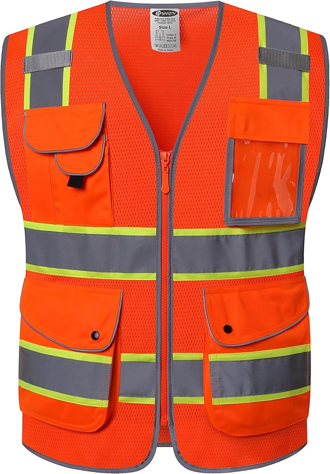 JKSafety 9 Pockets Hi-Vis Reflective Safety Vest | Mesh Fabric | Fluorescent Orange Color with Neon Yellow Extended Trims | ANSI/ISEA Compliance (100-Orange, XL)
