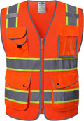 JKSafety 9 Pockets Hi-Vis Reflective Safety Vest | Mesh Fabric | Fluorescent Orange Color with Neon Yellow Extended Trims | ANSI/ISEA Compliance (100-Orange, XXL)