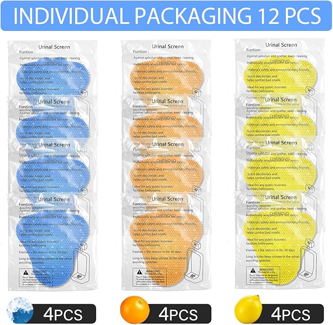 Urinal Screen Deodorizer 12 Pack,Urinal Cakes Deodorizer Bulk Urinal Mats Screens Scented Anti Splash Urinal Pads for Men Bathroom Office School (4 Pcs Ocean Breeze 4 Pcs Lemon 4 Pcs Orange)