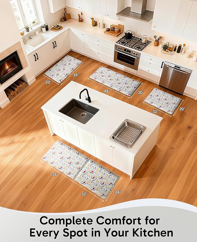 Ophanie Kitchen Mats for Floor, 3/4 inch Thick, 17x28 Anti Fatigue Cushioned Mat, Kitchen Rugs, Waterproof, Comfort Ergonomic Standing Mat for Office, Home, Sink, White Flower Non-Slip Ridged Bottom