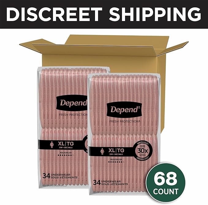 Depend Fresh Protection Adult Diapers, Incontinence & Postpartum Bladder Leak Underwear for Women, Disposable, Maximum, Extra-Large, Blush, 68 Count (2 Packs of 34), Packaging May Vary