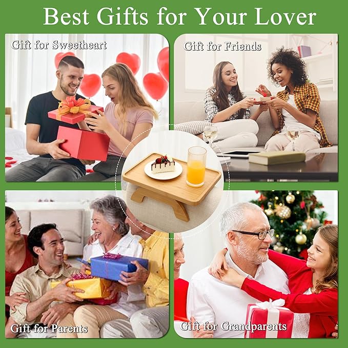 SINWANT Couch Arm Table Tray, Bamboo Sofa Arm Clip on Side Tables, Foldable Arm Rest Table for Home, Couch Arm Tray for Small Spaces Drink Eating Dinner