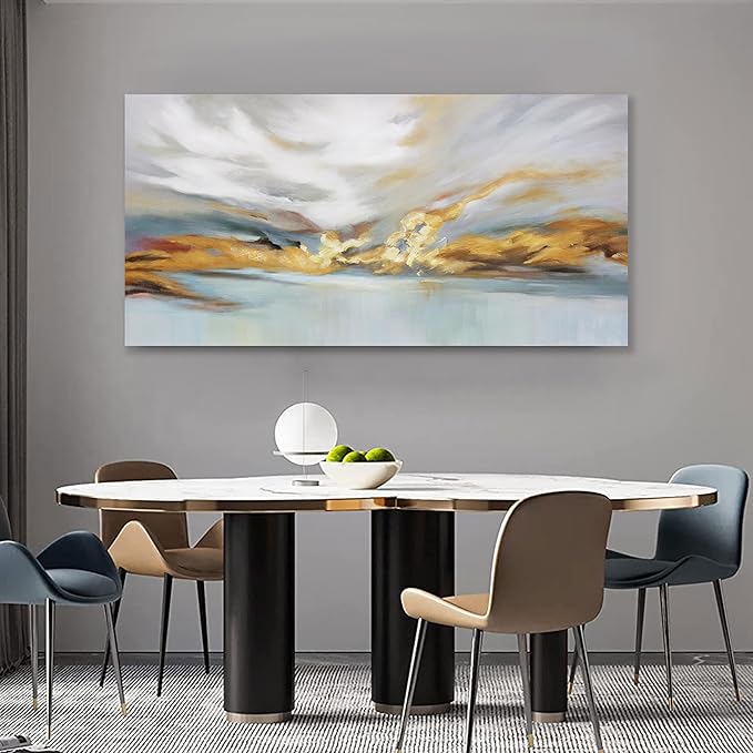 Glvzygy Modern Abstract Wall Art Wall Decorations Greyish White Gold and Blue Abstract Wall Art Canvas Abstract Wall Art for Living Room Bedroom Dining Room Home Office Decor 24"x48"