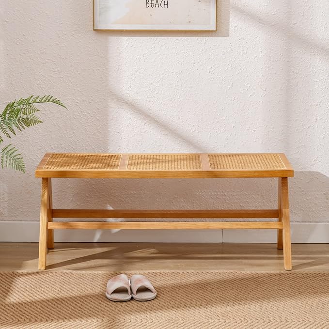 Farmhouse Rattan Entryway Bench, Wood Cane Dining Bench Long Seat with Footrest, Wicker End of Bed Storage Bench for Bedroom Living Room Dining Room Hallway, Natural