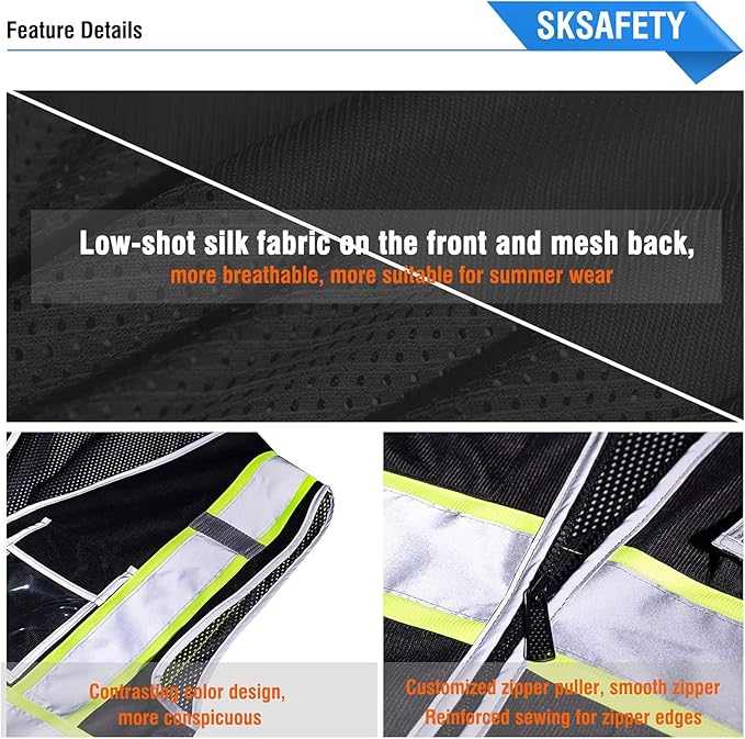 SKSAFETY 10 Pockets Safety Vest, Class 2 High Visibility Security with Zipper Back Mesh, Hi Vis Vest with Reflective Strips, ANSI/ISEA Standard, Construction Work Vest for Men ＆ Women （Black, M）