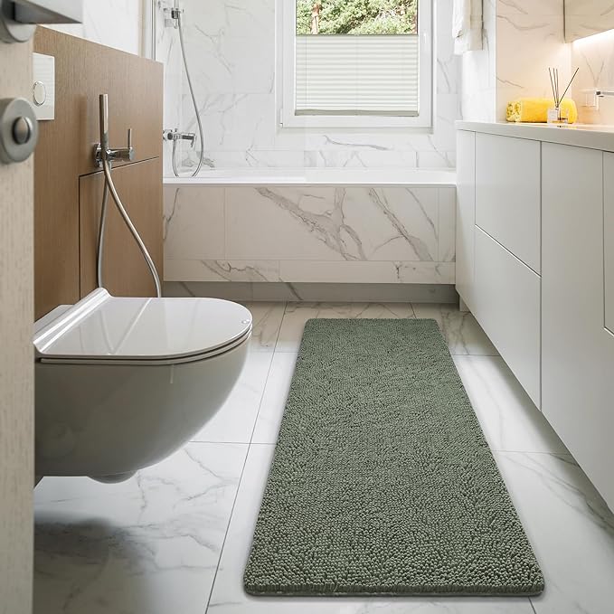 LOCHAS Luxury Bathroom Rug Shaggy Bath Mat 24 x 70 Inch, Washable Non Slip Bath Rugs for Bathroom Shower, Soft Plush Chenille Absorbent Carpets Mats, Sage Green