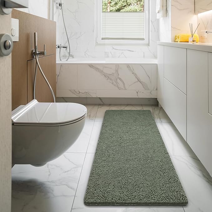 LOCHAS Luxury Bathroom Rug Shaggy Bath Mat 24 x 54 Inch, Washable Non Slip Bath Rugs for Bathroom Shower, Soft Plush Chenille Absorbent Carpets Mats, Sage Green