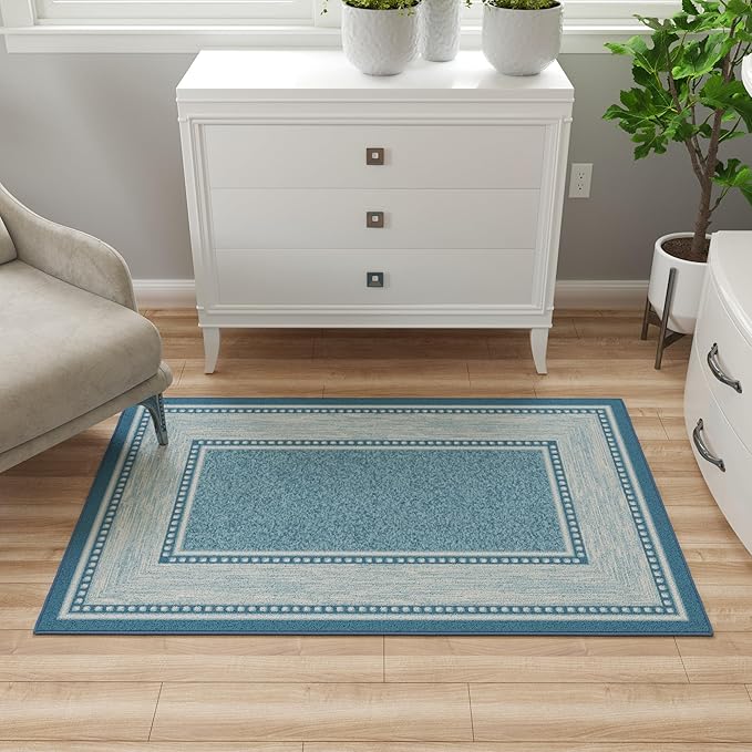 Ottomanson 3'3" x 5' Rugs for Living Room Border Area Rug for Bedroom - Non Slip Durable Large Floor Carpet for High Traffic Areas - Indoor Rug for Dining Room Kitchen Kids Playroom, Turquoise