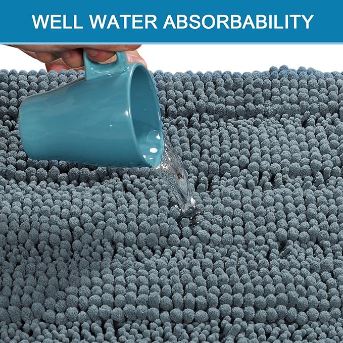 H.VERSAILTEX 2 Piece Bathroom Set - Super Absorbent Chenille Striped Bath Mats - Non Skid, Machine Washable - Stone Blue, 24 x 36 Plus 20 x 32 Inches