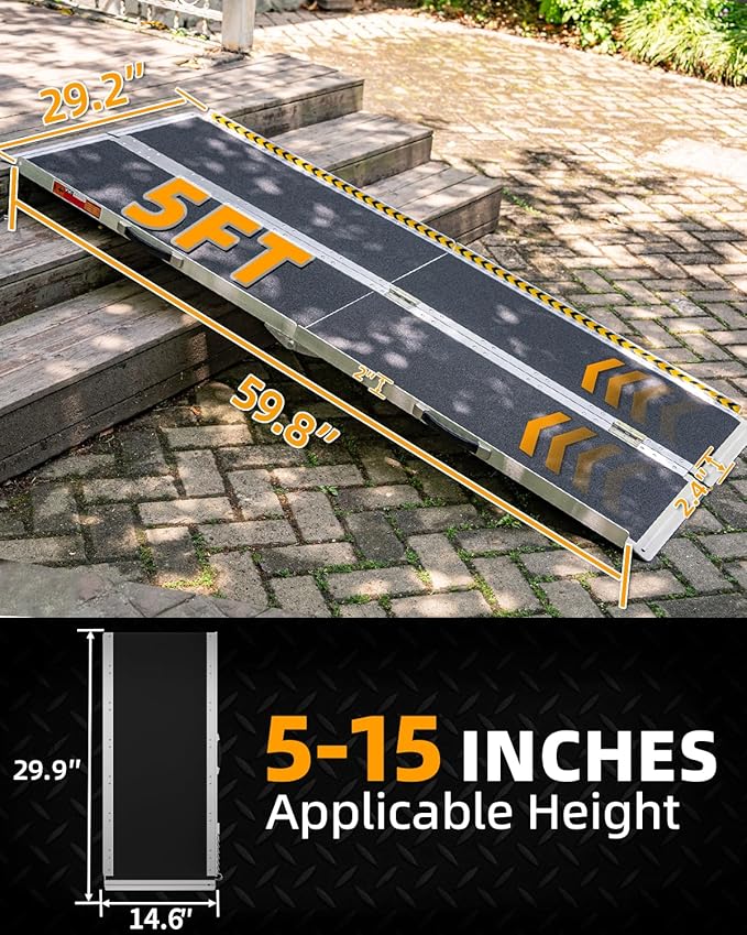 VNN Portable Wheelchair Ramp 5FT, Seamless Non-Slip Aluminum Ramps for Wheelchairs for Home, Handicap Wheelchair Ramps for Home Steps, Aluminum Loading Dock Plates