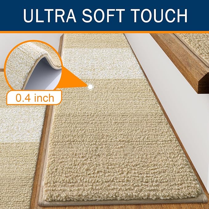 OLANLY Stair Treads Non Slip 4PCS, 8" x 30" Indoor Stair Runners for Wooden Steps, Edging Stair Rugs with Reusable Peel and Stick Adhesive for Kids Elders and Pets, Beige