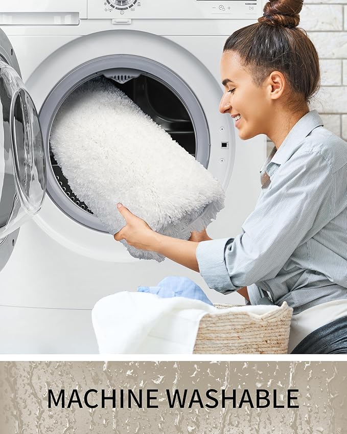 Bathroom Rugs 32x20, Ultra Thick Shaggy Soft Microfiber Absorbent Bath Rug, High Density Foam Latex Non Slip Backing, Machine Washable Bath Mats for Bathroom Floor & Sink, White