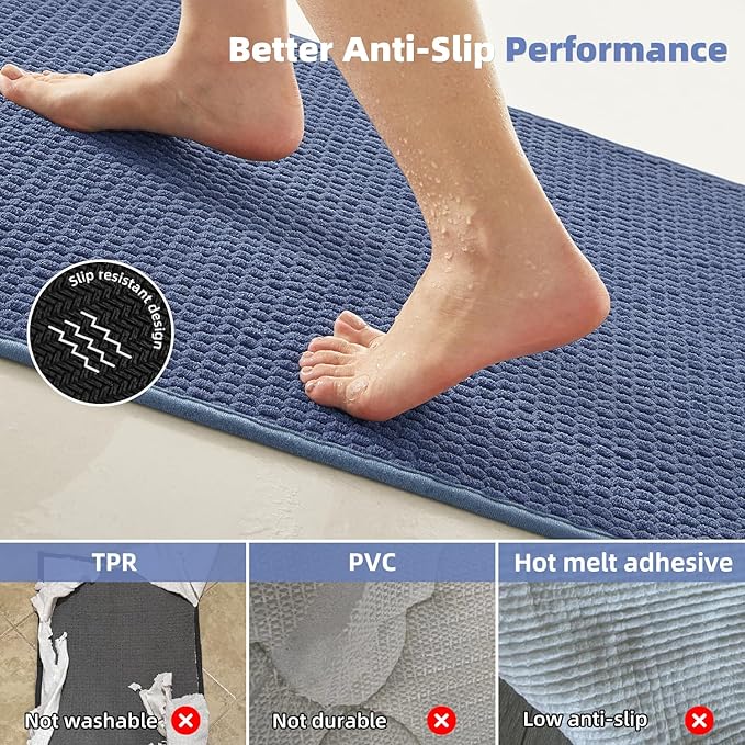 Bathroom Rugs Non Slip Washable, Super Absorbent Thin Bath Mat Quick Dry Low Pile Bathroom Rug, Denim Blue 20"x48"