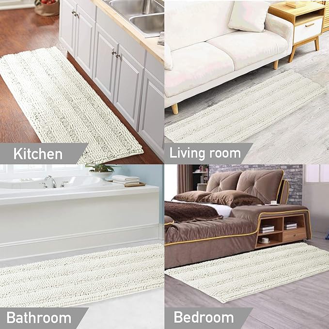 Turquoize Chenille Bath Rug - Non Slip, Absorbent, Thick Shaggy Mat for Bathroom, 47x17 inches, Cream