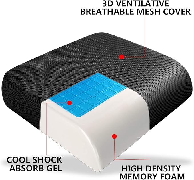 YOUFI Extra Thick Large Seat Cushion -19 X 17.5 X 4 Inch Gel Memory Foam Cushion with Carry Handle Non Slip Bottom - Pain Relief Coccyx Cushion for Wheelchair Office Chair (Black (1PACK))