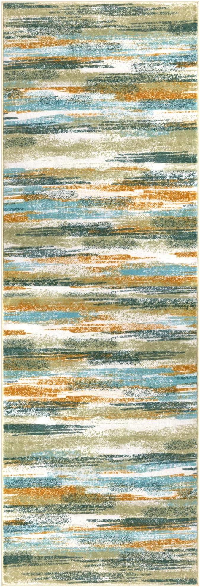 Modern Abstract Runner Rug 2.6x16, Green Mustard Multi Washable Long Kitchen Runner Non-Slip Soft Hallway Rug Runner Thin Print Faux Wool Carpet for Entryway Bedroom Laundry Room Indoor