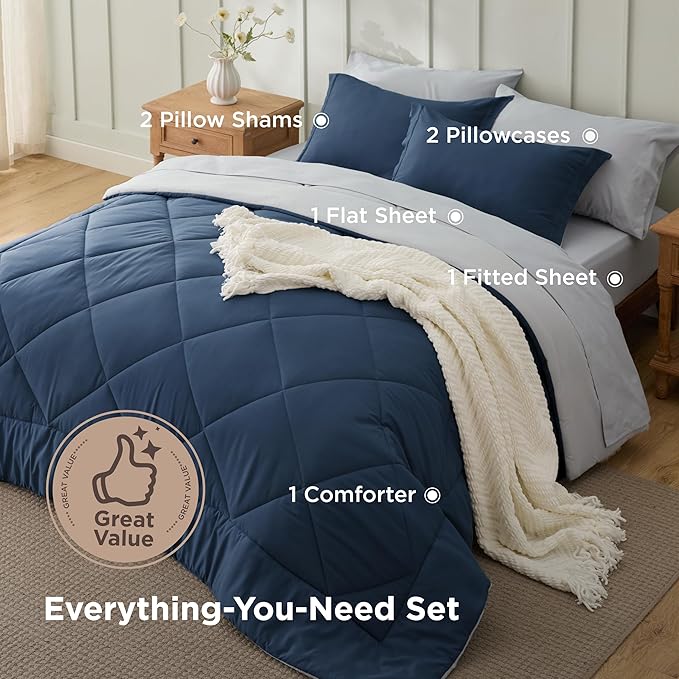 Bedsure Full Size Comforter Set - 7 Pieces Reversible Navy Bedding, Full Size Bed Set for All Seasons, Bed in a Bag with Down Alternative Comforter, Sheets, Pillowcases & Shams