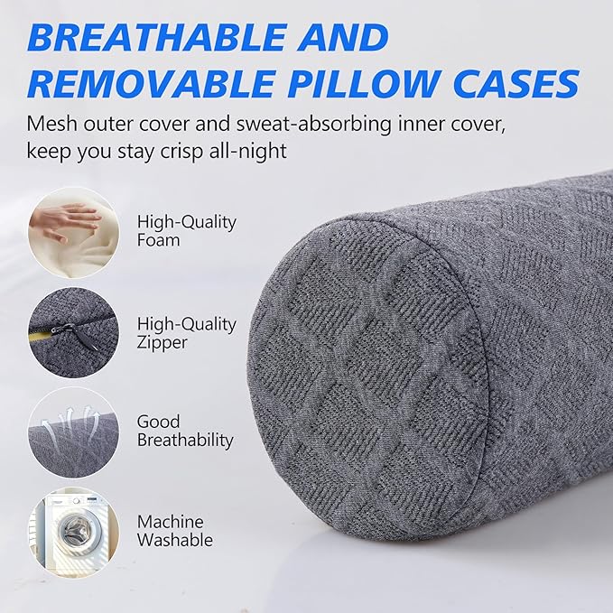 Cozyhealth Cervical Roll Pillow, Medium Soft Memory Foam Neck Round Pillow Cylinder Bolster Pillow for Sleeping, Round Neck Support for Bed, Legs, Back and Yoga (Grey, Large - 4.7" H)