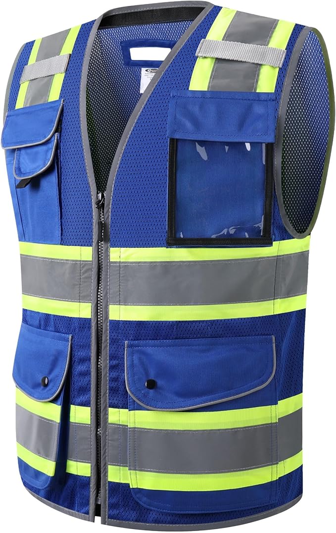 JKSafety 11 Pockets Hi-Vis Blue Mesh Safety Vest for Men Women High Visibility Reflective Construction with Zipper Work Utility PPE Work Gear ANSI/ISEA compliant (102-Blue M)