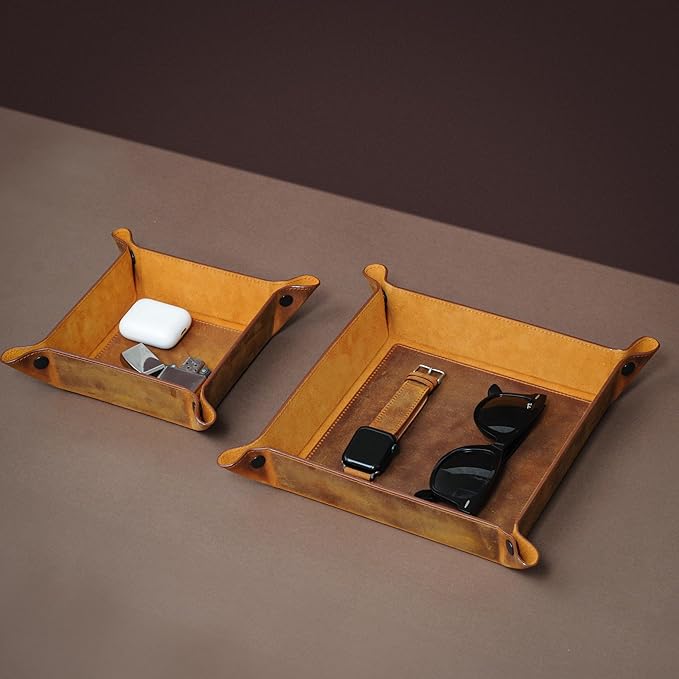 Handmade Leather Catch All Tray and Organizer for Keys, Phones, Jewels, Coins, Square - Medium, Choco Brown