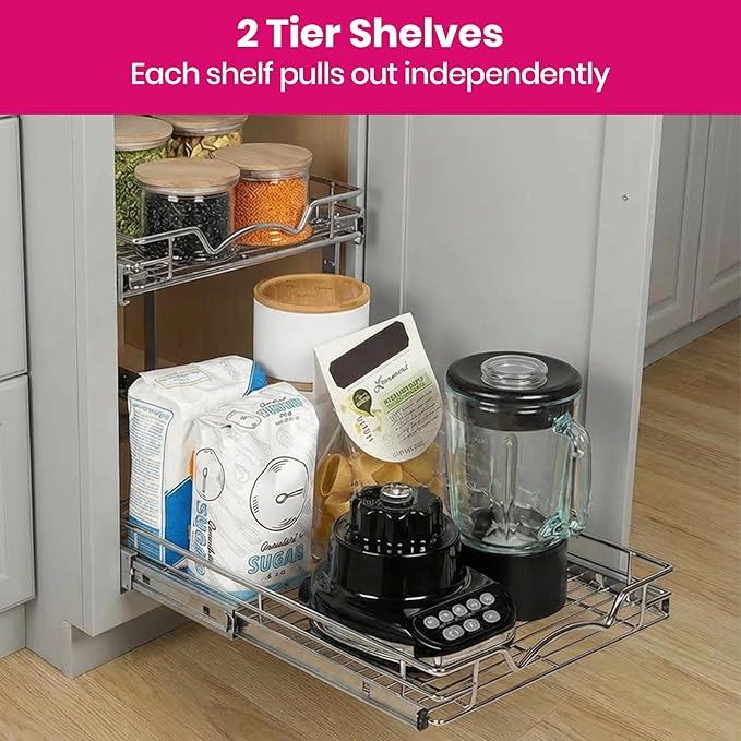 HOLDN’ STORAGE Two Tier Pull Out Cabinet Organizer, Individual Sliding Drawers - Heavy Duty Metal with Lifetime Limited Warranty - Anti Rust Chrome Finish - 15" W x 21”D x 16.5" H
