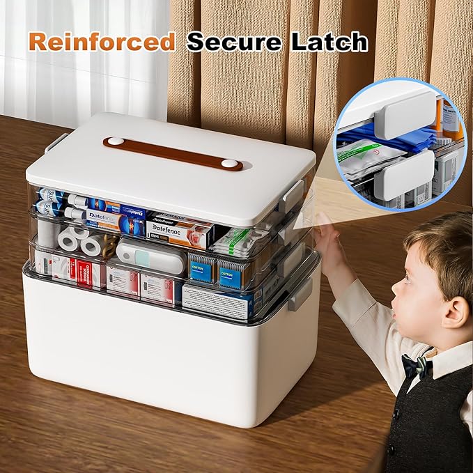 funest 4-Tier Medicine Storage Box Cabinet, Empty First Aid Kit Portable Medical Supply Organizer with Leather Handle for Home