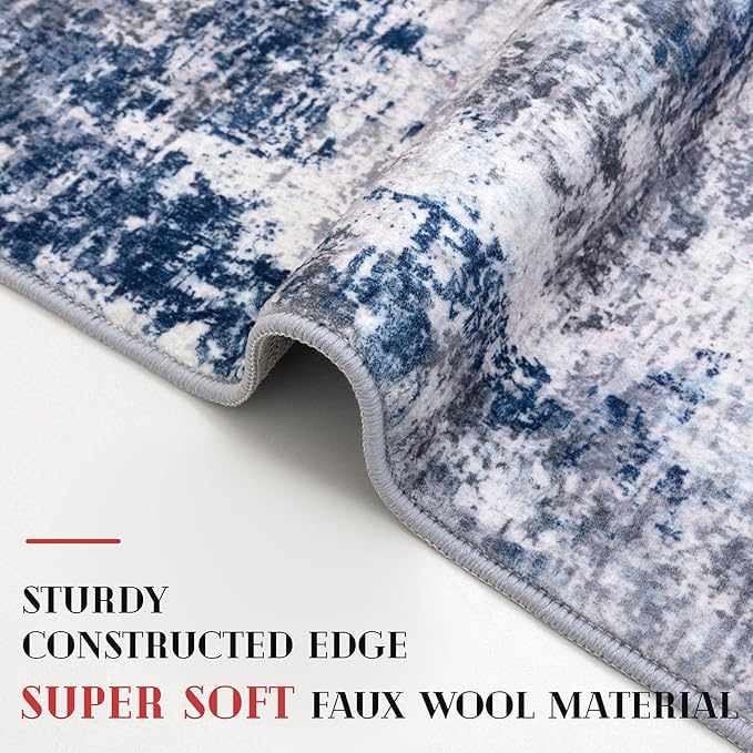 Modern Abstract Hallway Runner Rug, Grey Navy Blue 3x8 Runner Rug, Washable Kitchen Runner Non-Slip Soft Thin Print Faux Wool Carpet for Entryway Bedroom Laundry Room Indoor