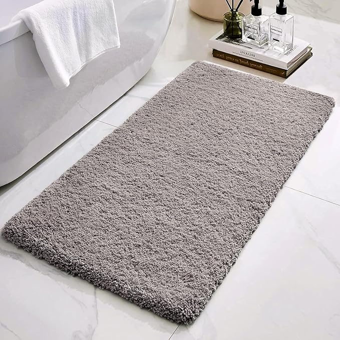 Bathroom Rugs 48x24, Ultra Thick Shaggy Soft Microfiber Absorbent Bath Rug, High Density Foam Latex Non Slip Backing, Machine Washable Bath Mats for Bathroom Floor & Sink, Grey