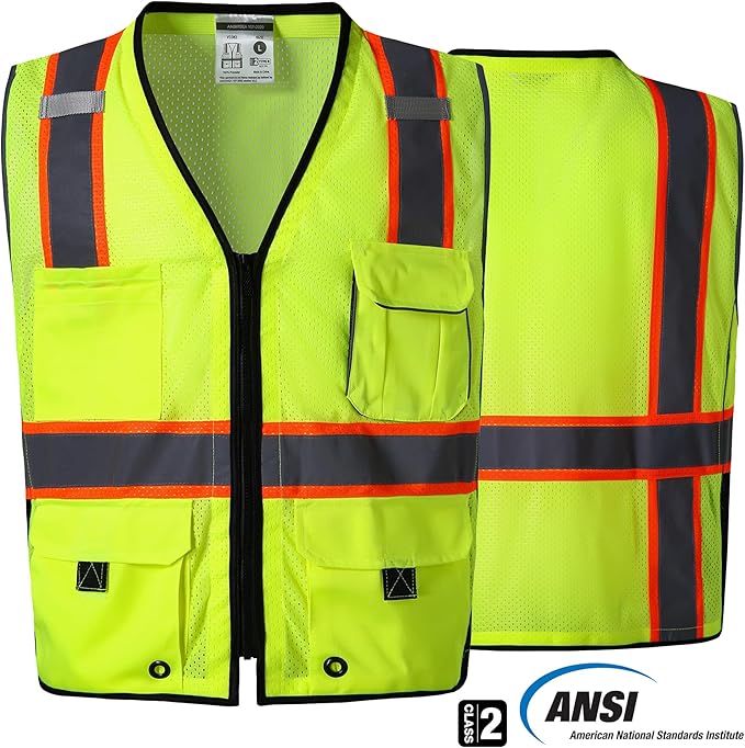 SKSAFETY 10 Pockets Professional Safety Vest, Class 2 High Visibility, ANSI/ISEA Standard, Construction Work Vest (Lime, 4XL)