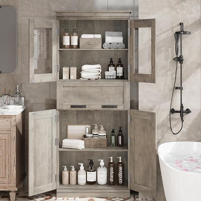 GarveeHome 67" Tall Bathroom Cabinet with 4 Doors & Flip Glass Drawer, Storage Cabinet with Adjustable Shelves, Freestanding Organizer for Kitchen, Living Room (Oak)