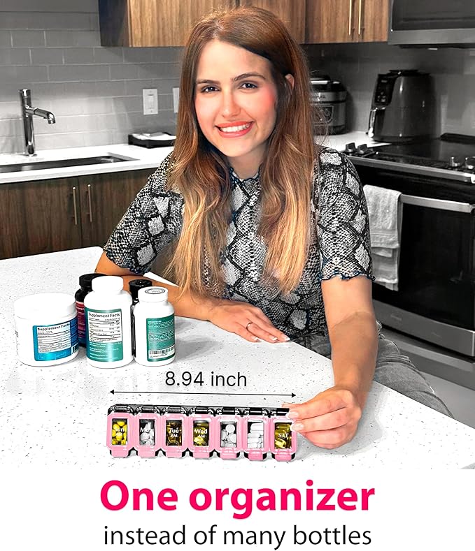 Weekly Pill Organizer 1 time a Day – Pill Box 7 Day with Enhanced Waterproof Seal, Large compartments Hold Big Vitamins & Supplements, Upgraded Locking lids, for Home & Travel use, Durable Hard case