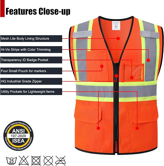 Reflective Safety Vest for Men Women Hi Vis Vest with Pockets High Visibility Vest Mesh Construction Vests Meets ANSI/ISEA Standards (Orange-33, X-Large)
